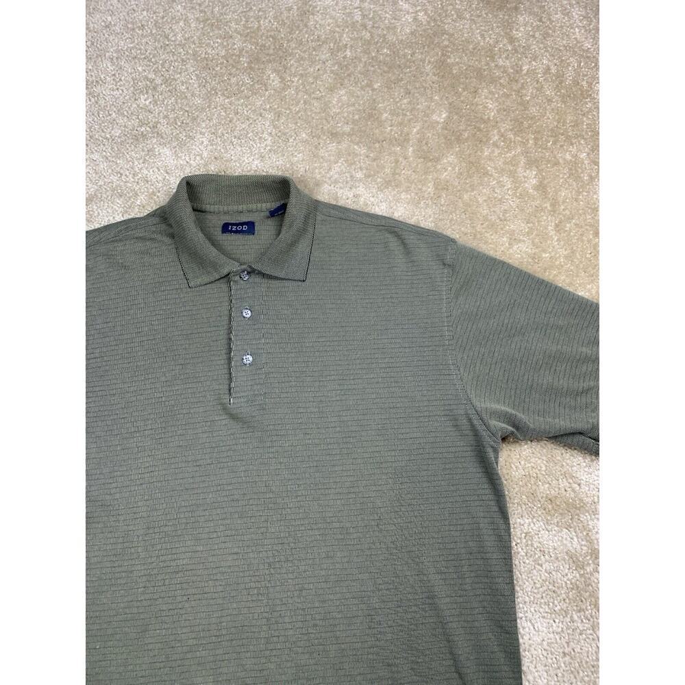 Izod Men's Size Large Polo Shirt Short Sleeve Green w/ Small Blue Pattern 877